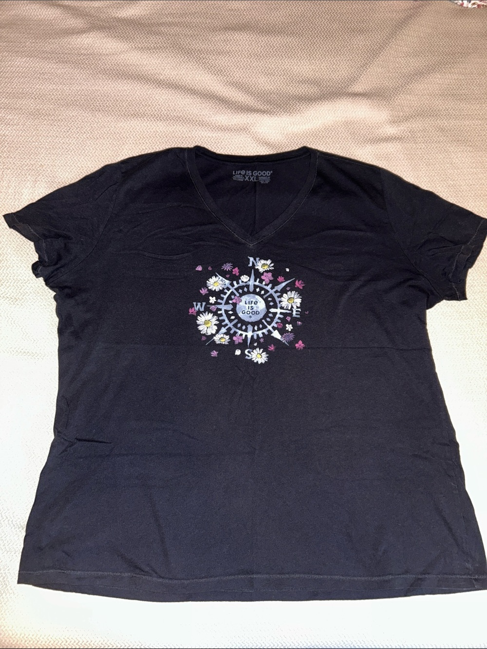 Life Is Good Black V-Neck Floral Compass Graphic Tee Lightweight XXL